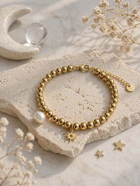18K Gold Plated Beaded Bracelet Celestial Boho Sun Pearl Charm Stackable NWT